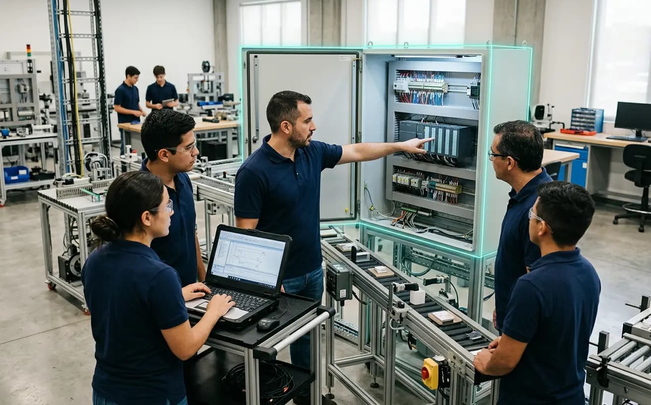 Equipo de ingeniería y planta trabajando junto a una celda de producción durante una sesión de transferencia de conocimiento
